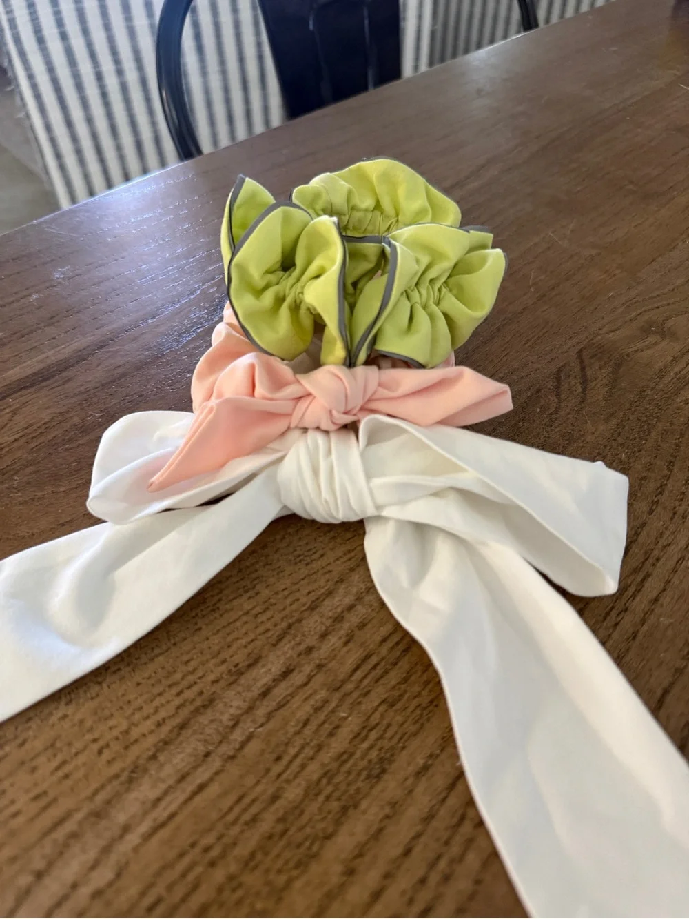 Set of Three Lululemon Scrunchies in Lime, Peach, and White